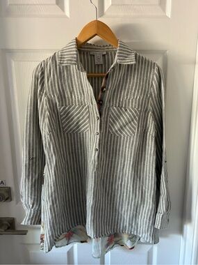 John Mark Striped Roll-Tab Sleeve Button-Down Linen Blend Tunic Blouse Size S